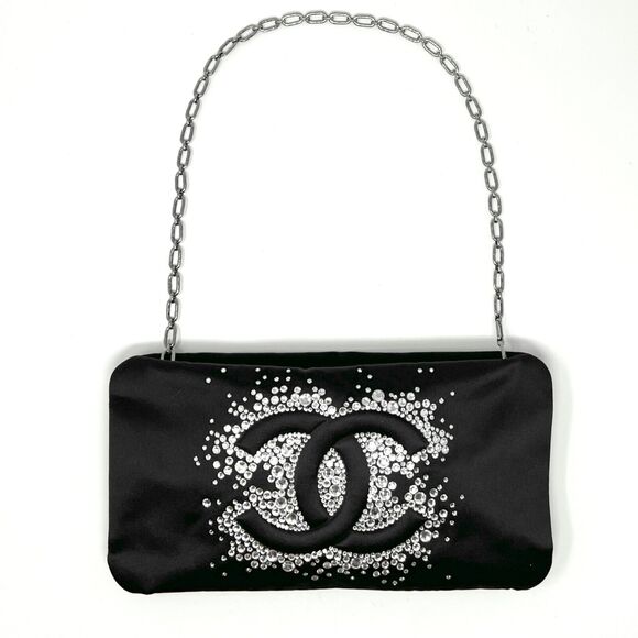 Chanel Black Satin Crystal CC Clutch Chain Evening Bag Rare Designer - Picture 3 of 9